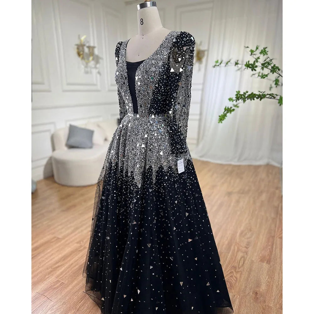 Serene Hill Muslim Black A-Line Evening Dresses Gowns 2024 Sequined Beaded Luxury For Woman Wedding Party LA71214