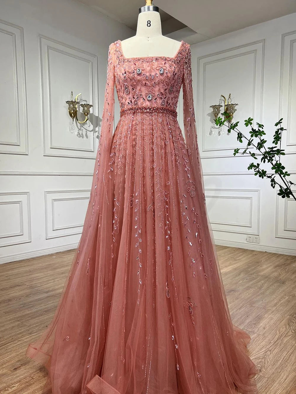 Serene Hill 2024 Muslim Pink A Line Beaded Elegant Cape Sleeve Luxury Evening Dresses Gowns For Women Wedding Party LA71803A