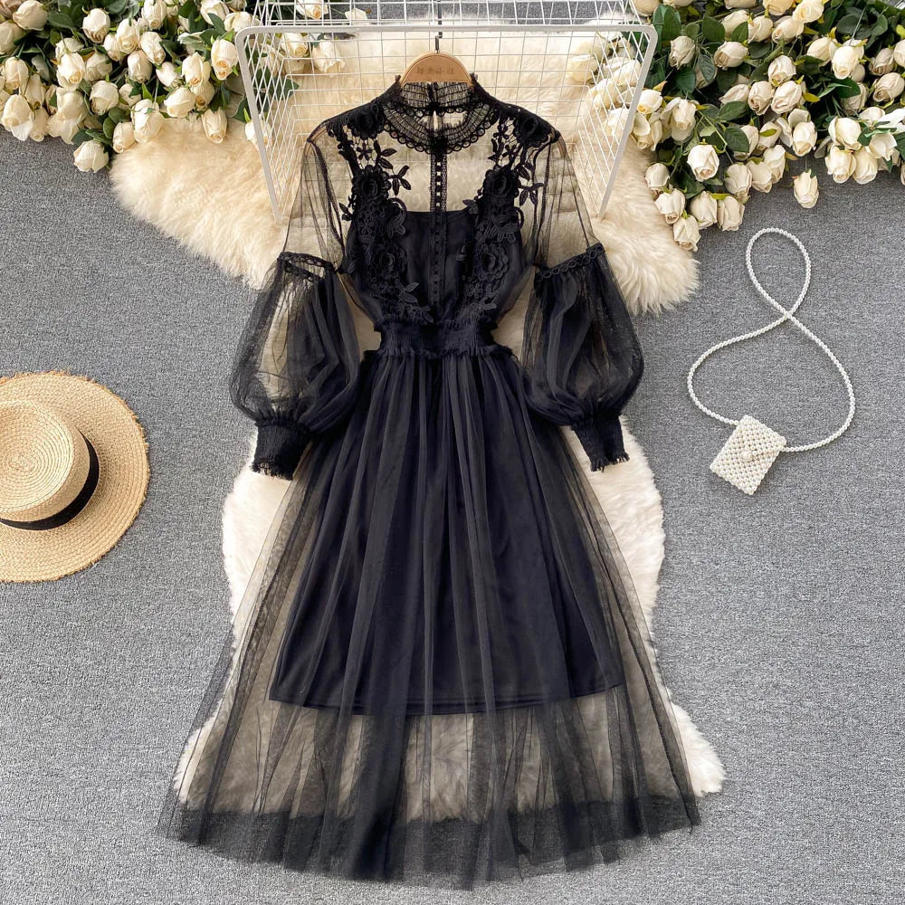 Retro Elegant Mesh Pleated two pieces Dress sets Sexy Fairy puff sleeve Summer Casual Vestidos Slim Women Evening Party Dress