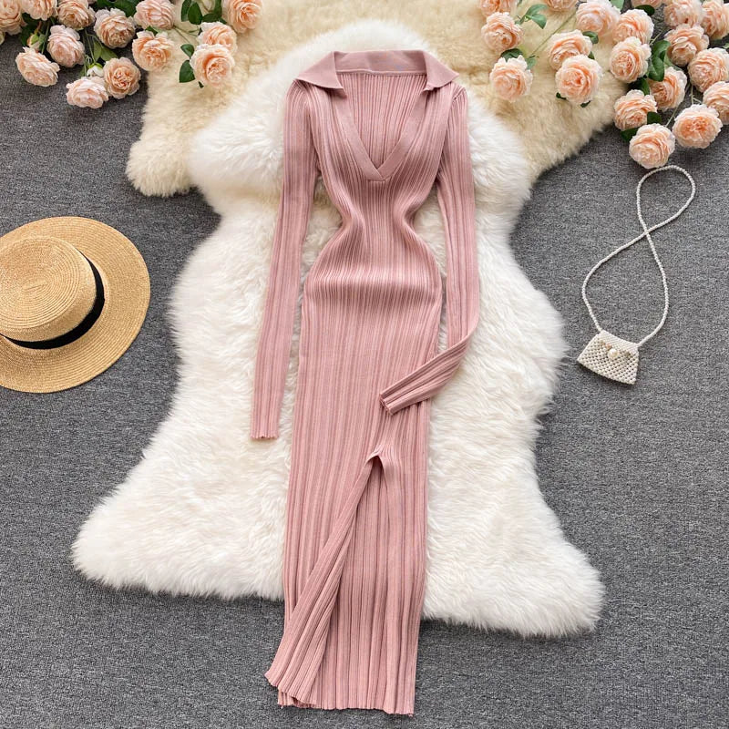 Women Chic Elegant Long Sleeve Split Bodycon Midi Dress Sexy French Fashion Knit Wrap Vestidos Elastic Slim Pencil Sweater Dress