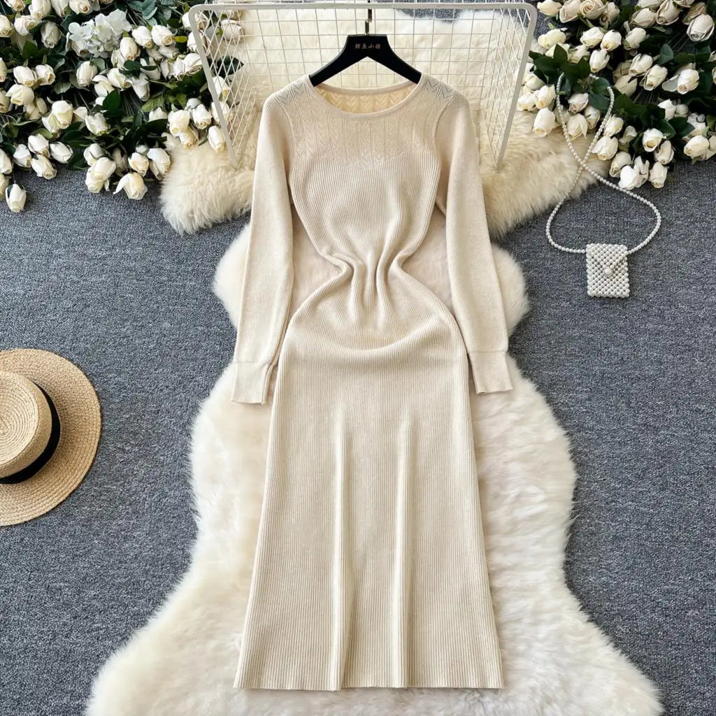 Elegant Solid Knitted Dress for Women Autumn French Vintage O-Neck Long Sleeve Fashion Evening Party Sweater Slim Midi Dresses