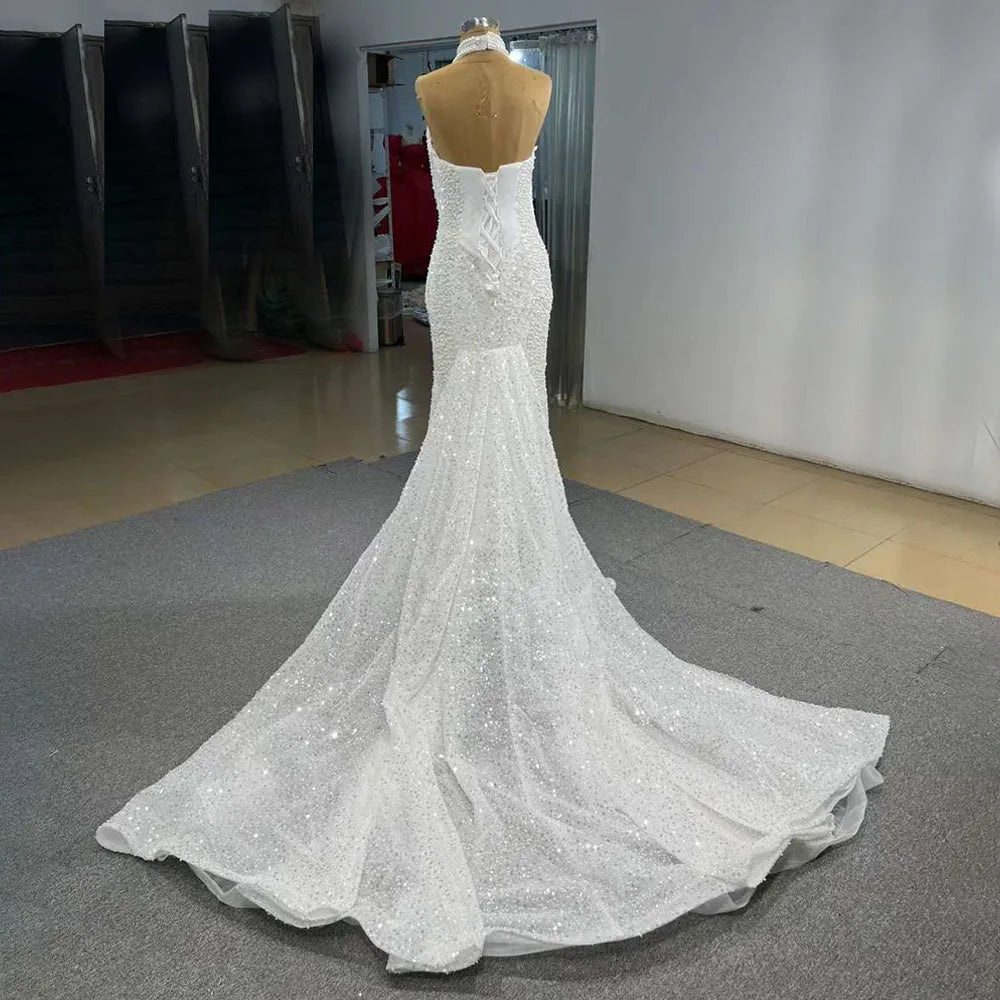 Serene Hill White champagne Mermaid Lace Up Luxury Pearls Beaded Bride Gowns Wedding Dress 2024 High End Custom Made HM231033