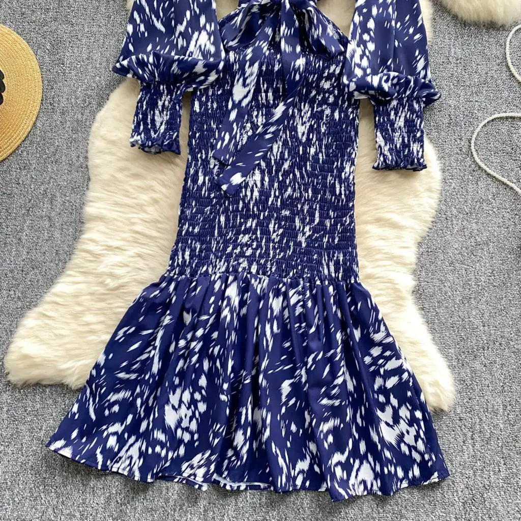 Women Casual Vintage Print Ruffle Long Dress Autumn Elegant V Neck Lantern Sleeve Party Mermaid Dresses Holiday Female Mujer New