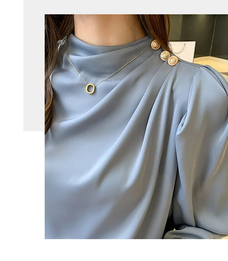 Autumn New Women's Style Stand up Collar Pleated Long Sleeve Top Fashion Lantern Sleeve Loose Elegant Solid Color Shirt Blouse