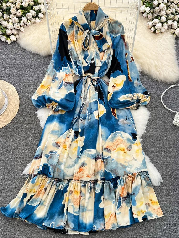 Elegant Casual A-Line Vintage Ruffle Print Long Dress Autumn Lantern Sleeve Party Boho Dresses Beach Holiday Female Vestidos