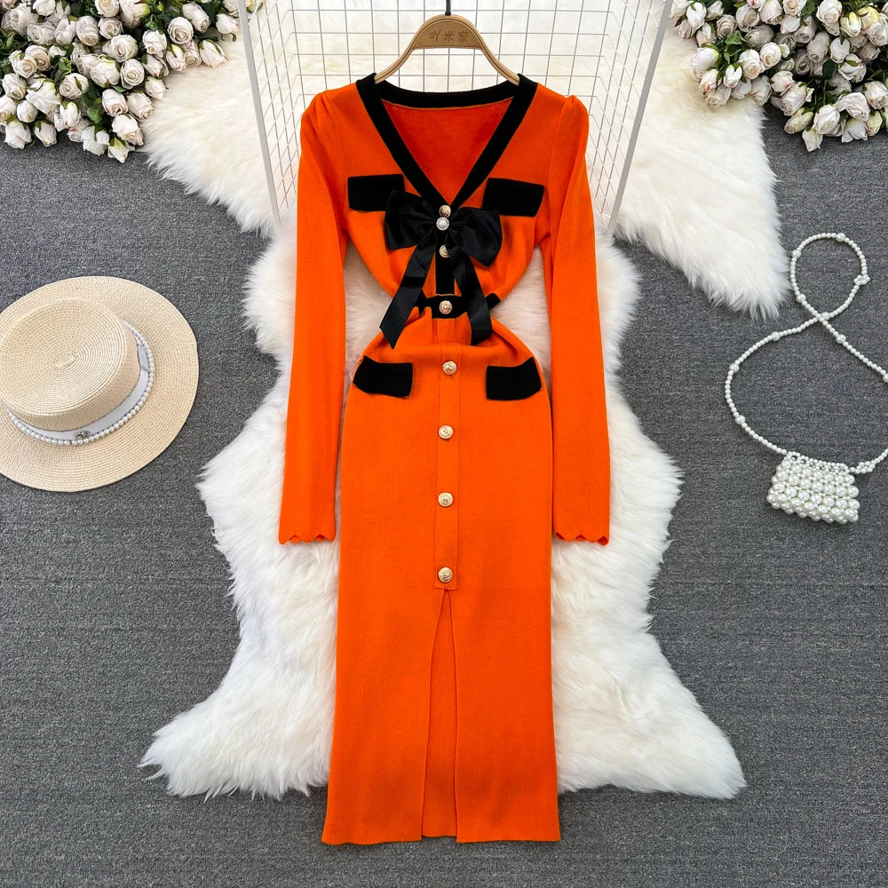 Women Elegant Butterfly Long Sleeve Bodycon V Neck Split Dress Vintage French Slim Knit Tight Vestido Autumn Winter Sweater Robe