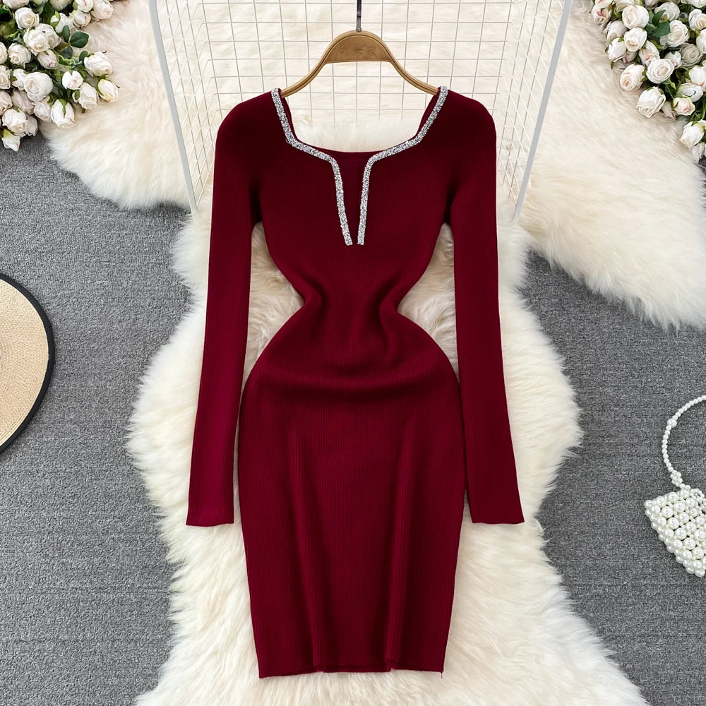 Chic Elegant Glitter V Neck Long Sleeve Elastic Bodycon Dress Sexy Fashion Knit Pencil Vestidos Slim Autumn Winter party robe