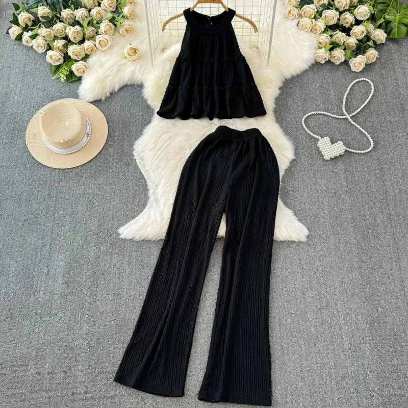 Summer Women Fashion Elegant Casual Pantsuit Halter Vintage Crop Tops Wide-Leg Pants Two Pieces Set Female Party Clothes New