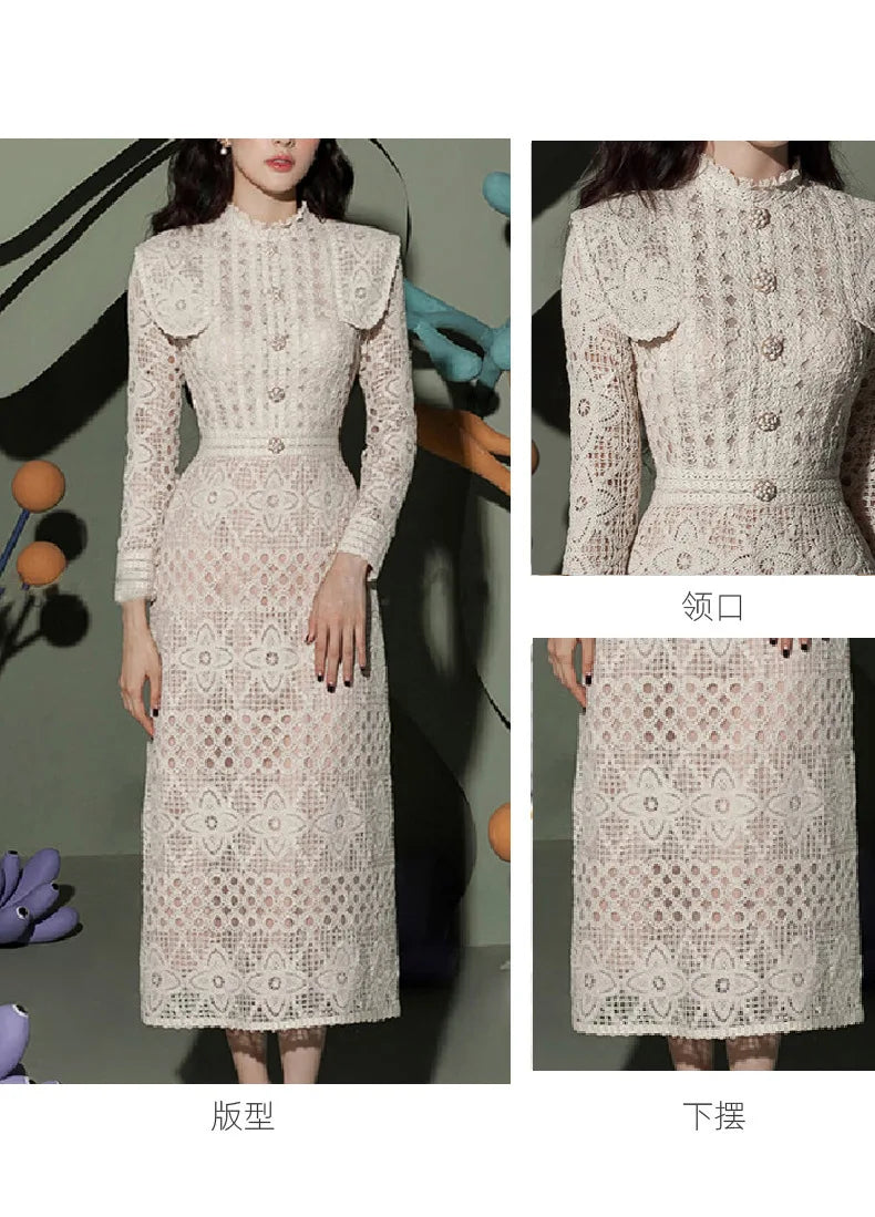 Spring Hollowed Out Design Long Sleeved Lace Dress for Women's Temperament and Elegant Slim Long Dresses with a Waist