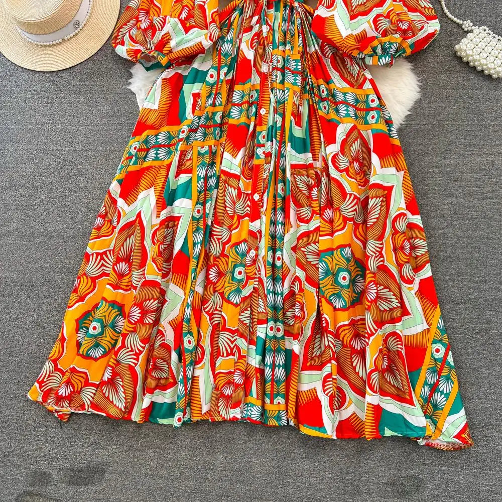 Elegant Women Casual Floral Print Party Dress Vintage Lantern Sleeve A-Line Pleated Prom Birthday Clothes Female Fashion Robe