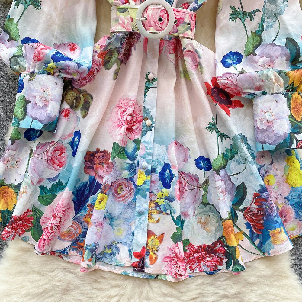 Mini Dresses For Women Frill Trim Long Sleeve Spring Vacation Dress Stand Collar Elegant Vintage Floral Print Dress With Belt