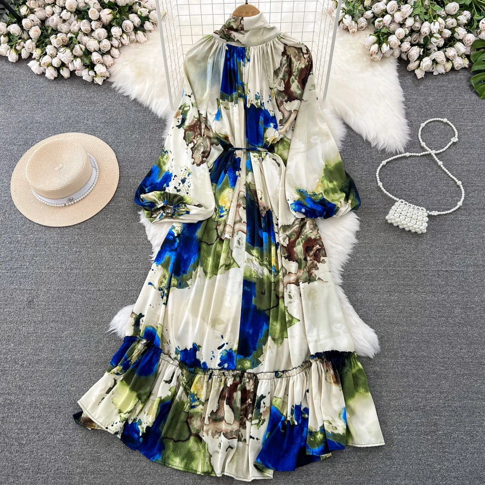 Women Casual A-Line Vintage Floral Long Dress Autumn Elegant Chic Party Boho Maxi Dresses Beach Holiday Female Vestidos New