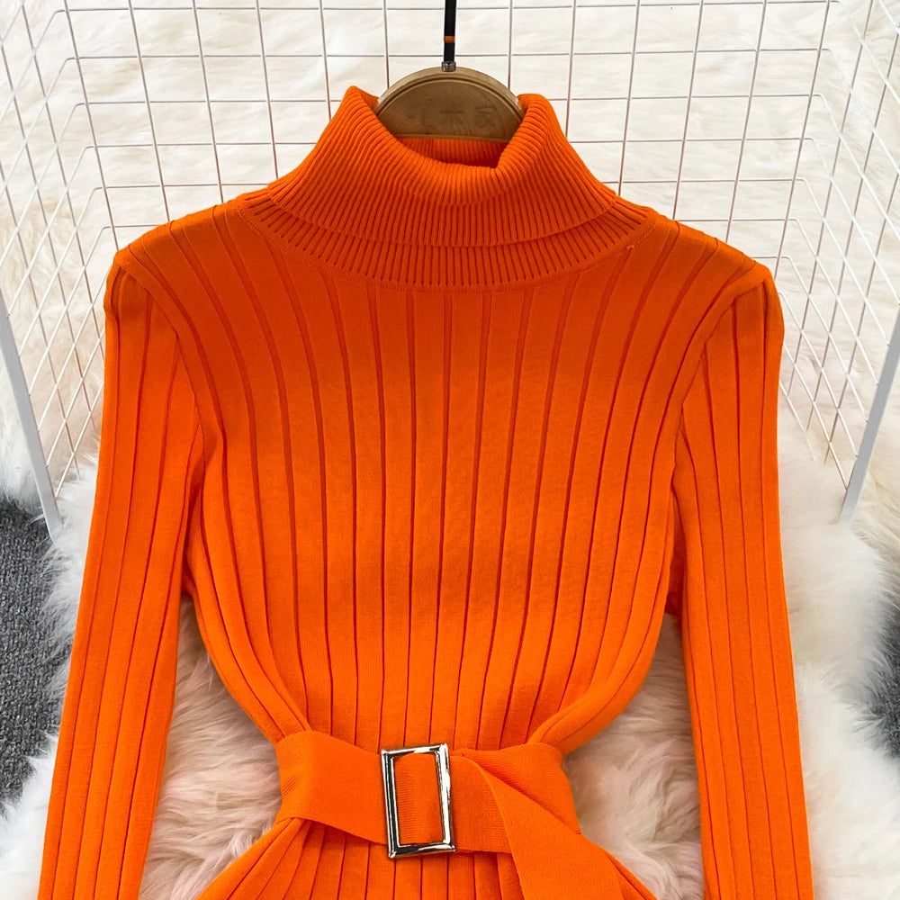 Chic Elegant Turtleneck Long Sleeve Bodycon Dress with Belt Sexy Fashion Knit Vestido Slim Autumn Winter Pencil Sweater Robe