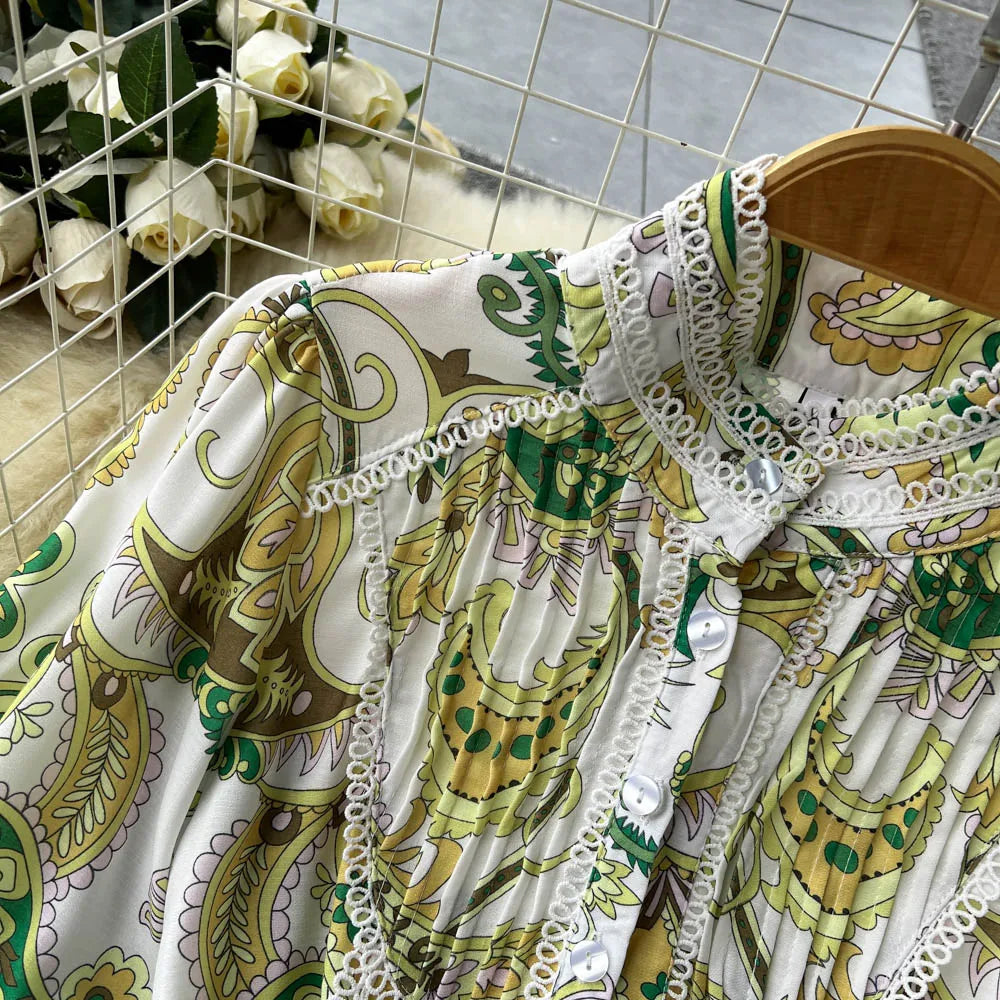 New In Dresses Lace Trim Elegant Vintage Floral Print Dress Women Stand Collar Long Sleeve Buttoned Holiday Mini Dress With Belt