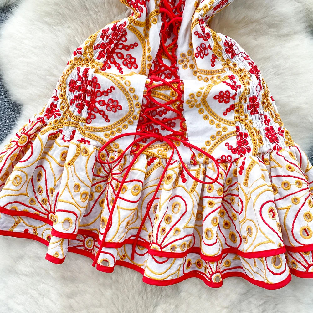 Vacation Beach Dress Women Summer Ruffle Hem Vintage Cutwork Embroidery Dress Front Lace Up Sexy Off Shoulder Mini Party Dress