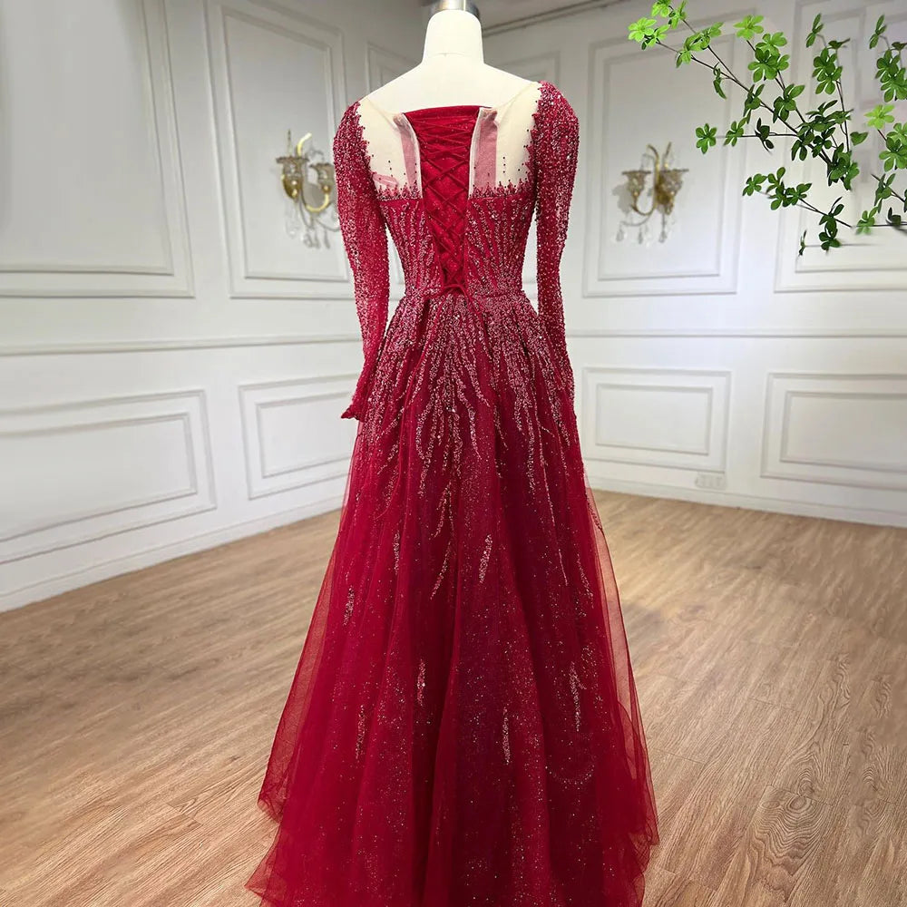 Serene Hill Muslim Pink A Line Beaded Luxury Dubai Long Evening Dresses Gowns 2024  For Woman Wedding Party LA71915
