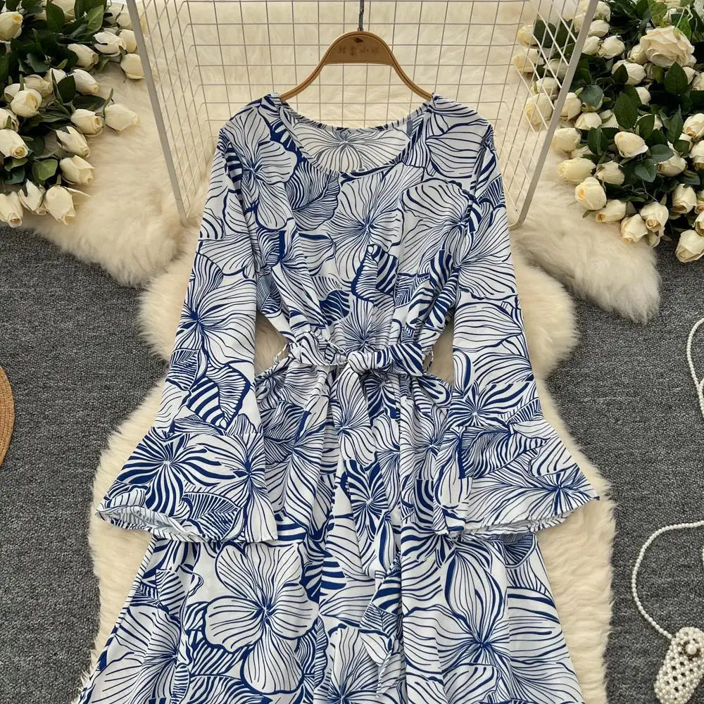 Women Vintage Print Dress for Women Autumn Flare Long Sleeves Lace Up Ruffles Slim Waist Evening Party Dresses A-Line Vestidos