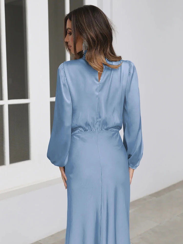 Spring Summer New High-End Satin Long Sleeved Dress Women's Ladylike Elegant Evening Dress Party Clothes Celebrity Dresses