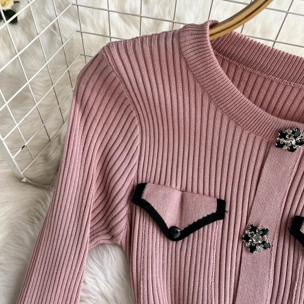 Women Elegant Chic Long Sleeve Sexy Slim Bodycon Dress Vintage Korean Fashion Knit Tight Vestido Autumn Winter Sweater Robe