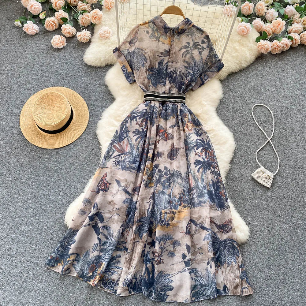 2022 Women Vintage Party Dress Summer French Elegant Print Dress Ladies High Waist Retro Single Breasted Belt Casual Long Dress