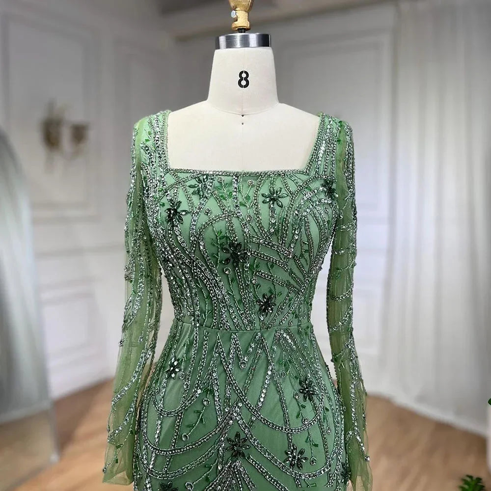 Serene Hill Luxury Dubai Green Mermaid Elegant Crystal Beaded Arabic Evening Dresses Gowns For Women Wedding Party 2023 BLA72242