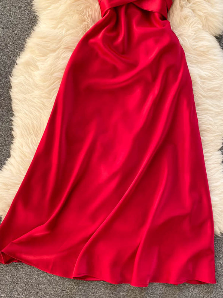 New Women Casual Long Dress Summer Cross V-neck Sexy Off-shoulder Dresses Ladies Sleeveless Slim Satin Long Robe Vestidos