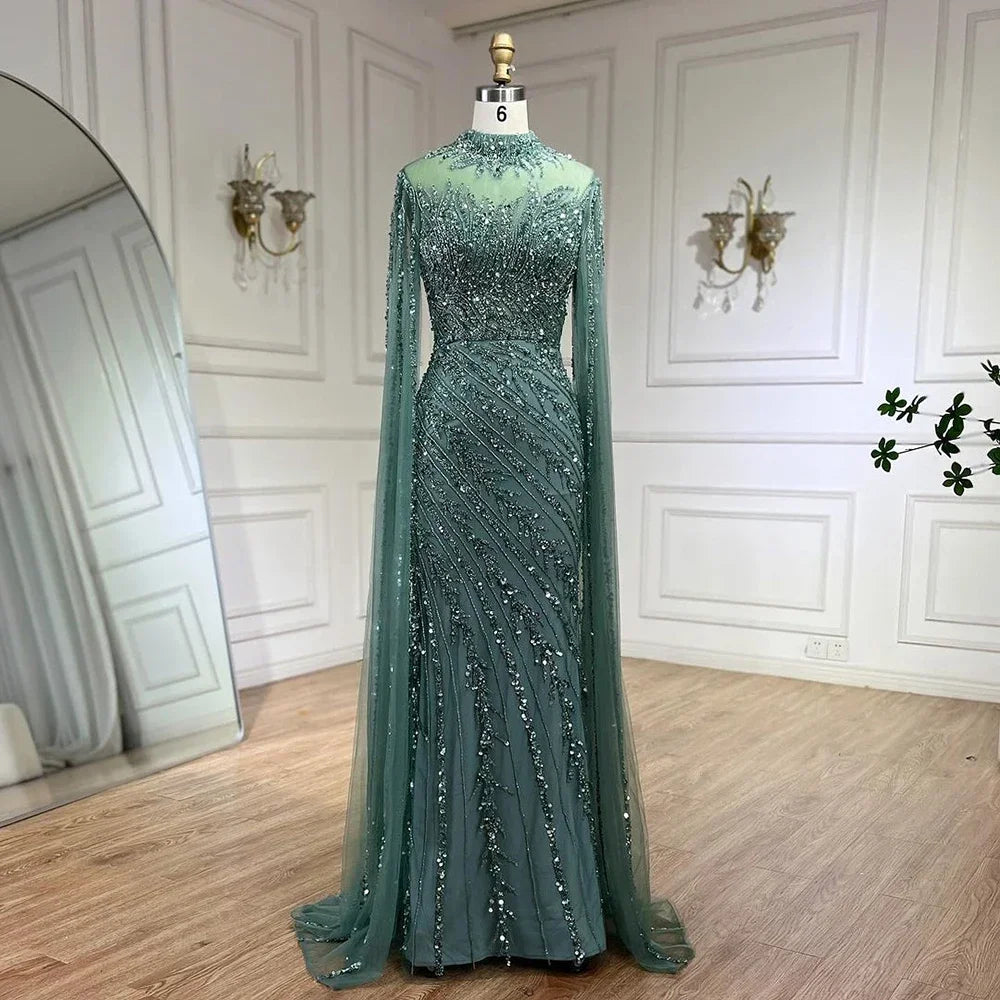 Serene Hill 2024 Nude Cape Sleeves Mermaid Lace Beaded Luxury Dubai Long Evening Dresses Gowns for Women Wedding Party BLA71885A