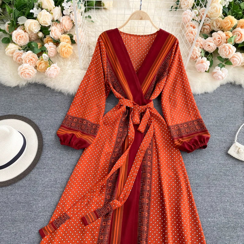 Vintage Print Elegant Puff Sleeve One Piece Dress A-line Lace-up Beach Vacation Midi Dress Women Fashion Spring Autumn Vestidos
