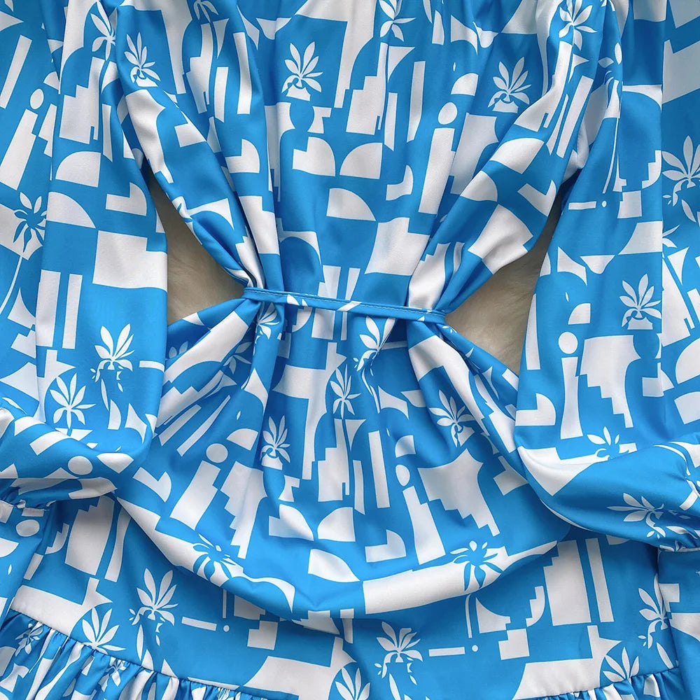 Short Dresses For Women Front Button Up Elegant Geometric Print Dress V Neck Long Sleeve Ruffle Hem Tie Belt Mini Casual Dress