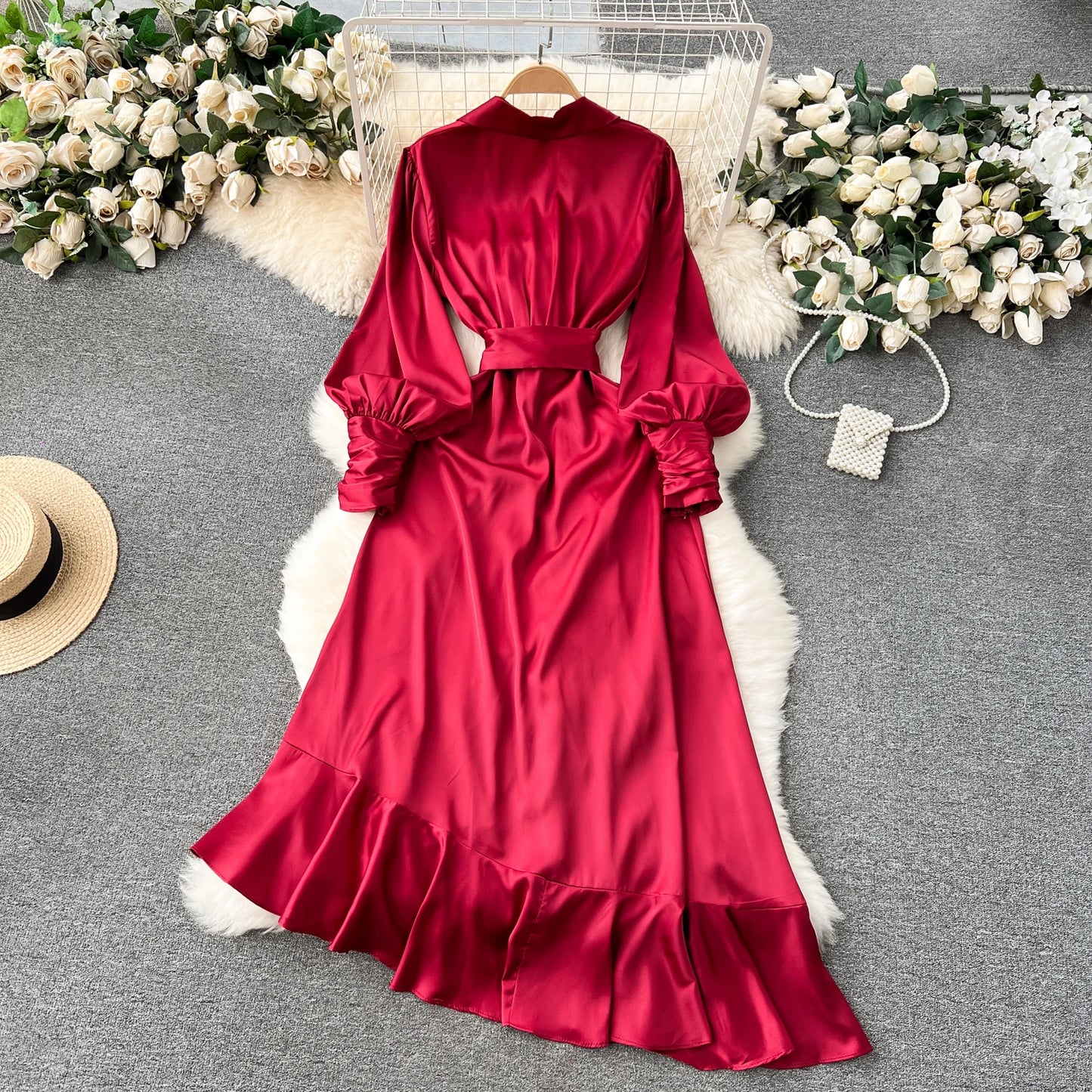 Women Elegant Satin Dress Summer Bandage High Waisted Ruffled Irregular Blazer Dresses Ladies A-line Vintage Party Long Robe