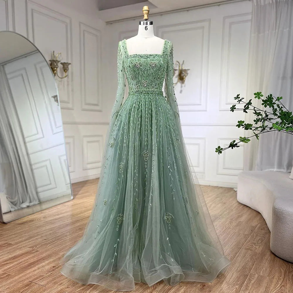 Serene Hill 2024 Muslim Pink A Line Beaded Elegant Cape Sleeve Luxury Evening Dresses Gowns For Women Wedding Party LA71803A