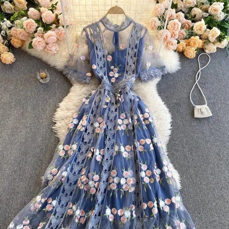 Elegant Mesh Embroidery Dress Women Korean Fashion Summer O Neck Short Sleeve Long Mesh Dress Party Vestidos