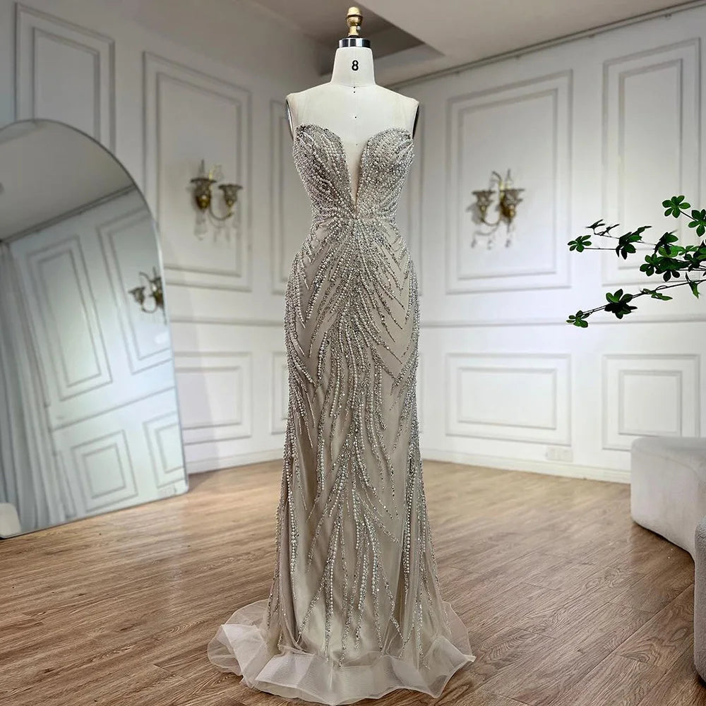 Serene Hill 2024 Arabic Nude Halter Neck Mermaid Pearls Beaded Luxury Dubai Evening Gown for Women's Party LA72696