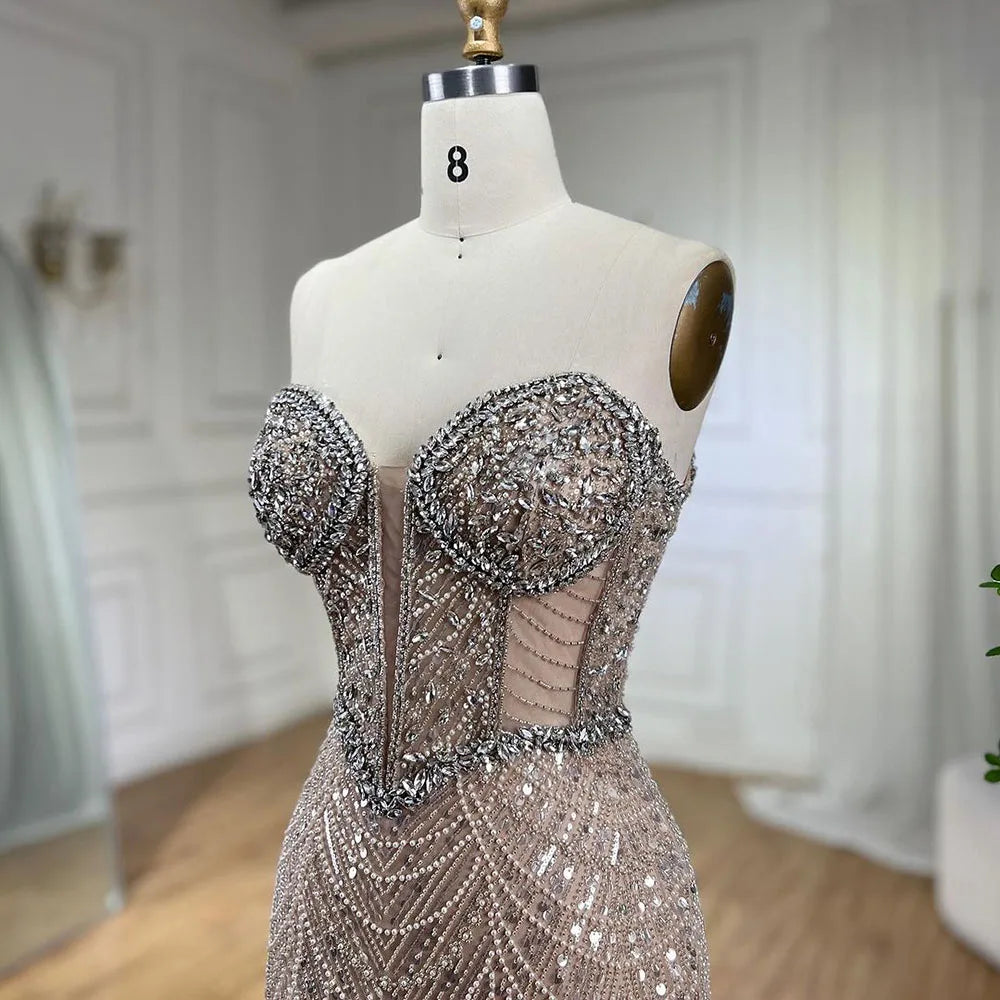 Serene Hill Nude Strapless Mermaid Luxury Evening Dresses Gowns And Beaded Design Arabic 2024 For Women Wedding Party LA72249