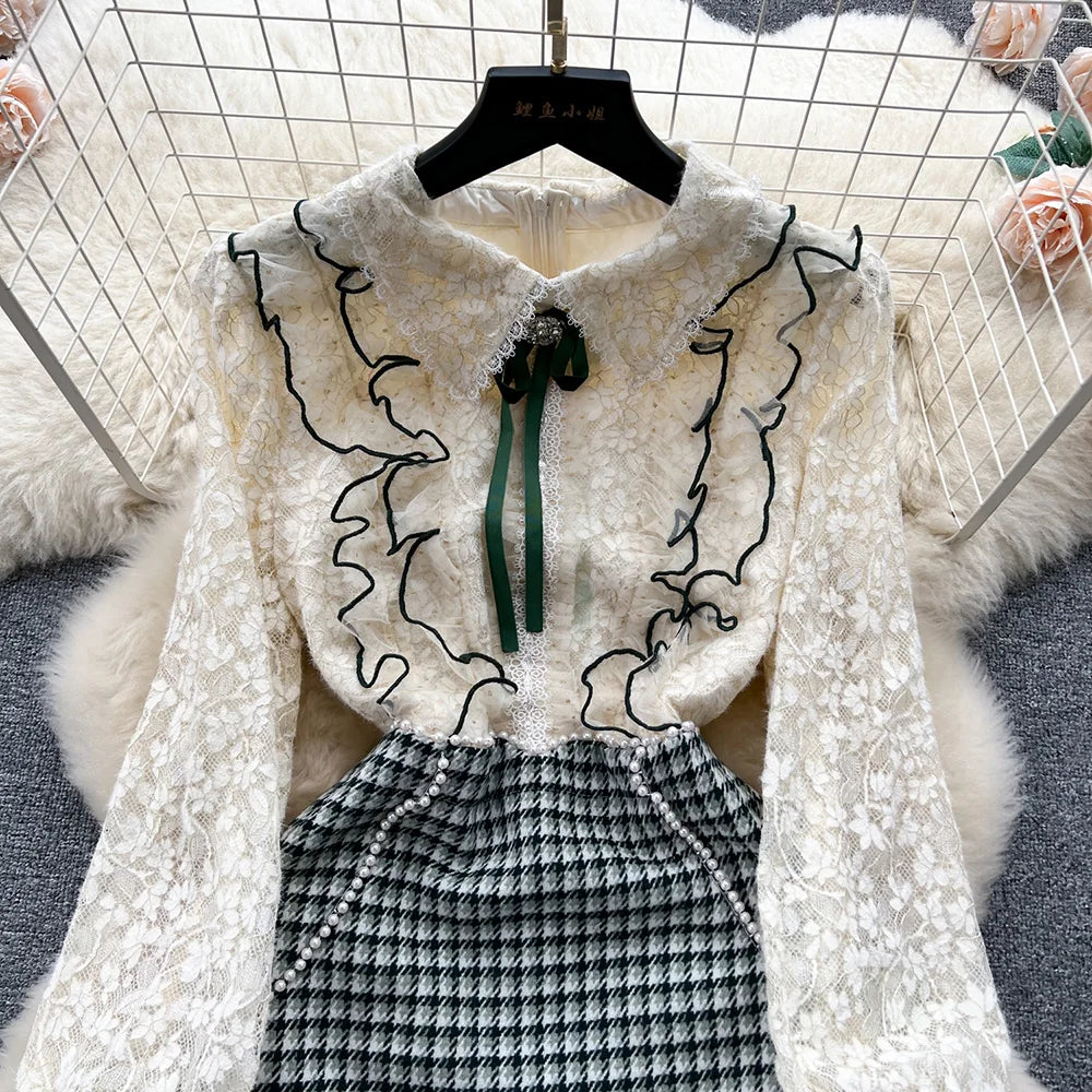 Winter Clothes Women Dresses Long Sleeve Lace Patchwork Textured Tweed Dress Ruffled Trim Lapel Collar Bow Elegant Mini Dress