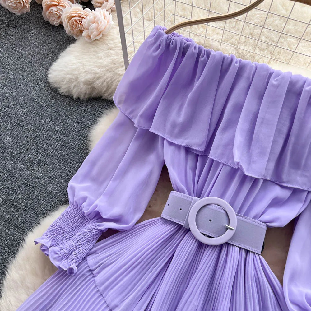 Vintage Pleated Slash Neck Off Shoulder High Waist  Dress Long Sleeve  Dress Chic Summer Beach Vestidos Women Vacation Sundress