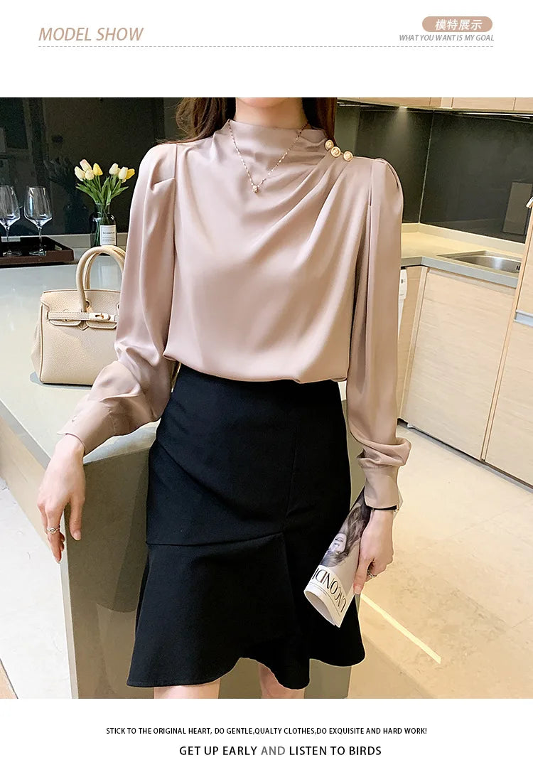 Autumn New Women's Style Stand up Collar Pleated Long Sleeve Top Fashion Lantern Sleeve Loose Elegant Solid Color Shirt Blouse