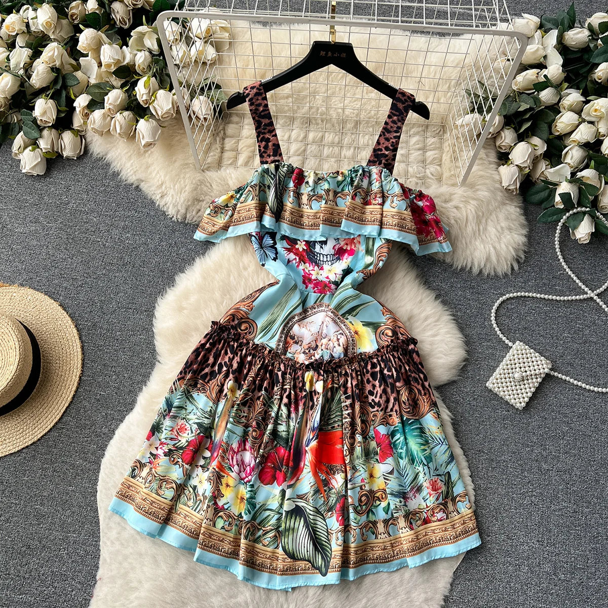 Women Elegant Vintage Print Dress 2023 Layered Ruffle Straight Neckline Strap Off Shoulder Dress For Holiday Summer Mini Dress