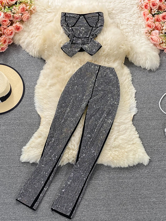 Sexy Women Black/White Diamonds Two Piece Set Party Slash Neck Off Shoulder Camis Tops + High Waist Pants Female Suit Autumn New
