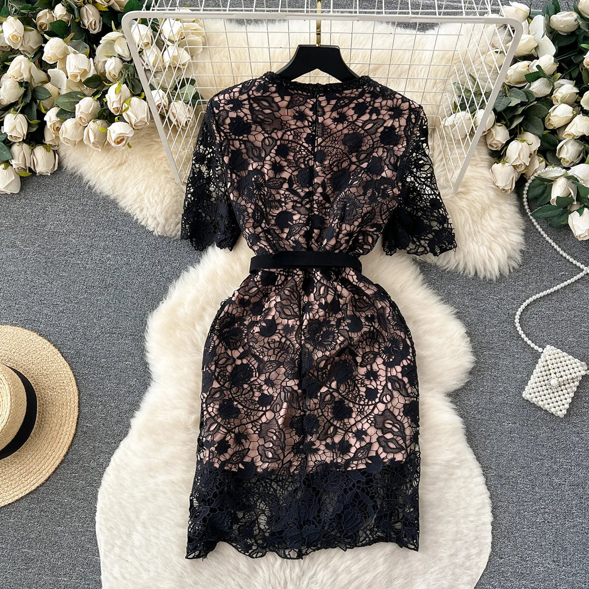 Luxury Wedding Elegant Party Dresses Women Golden Button Openwork Lace Dress Square Neck Short Sleeve Black Mini Dress With Belt