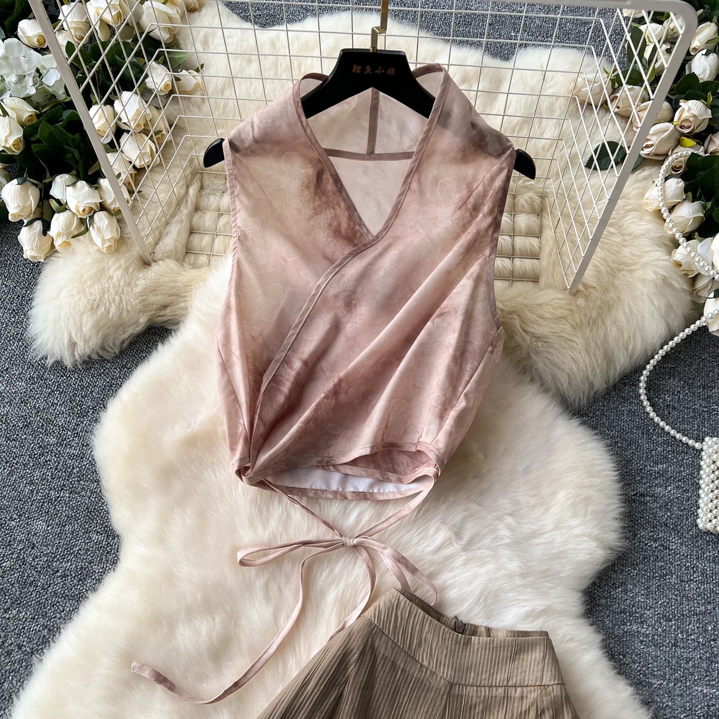 Women Vintage Two Pieces Skirt Sets Women sleeveless Crop Top  Elastic Waist High Elastic loose Wide leg pant