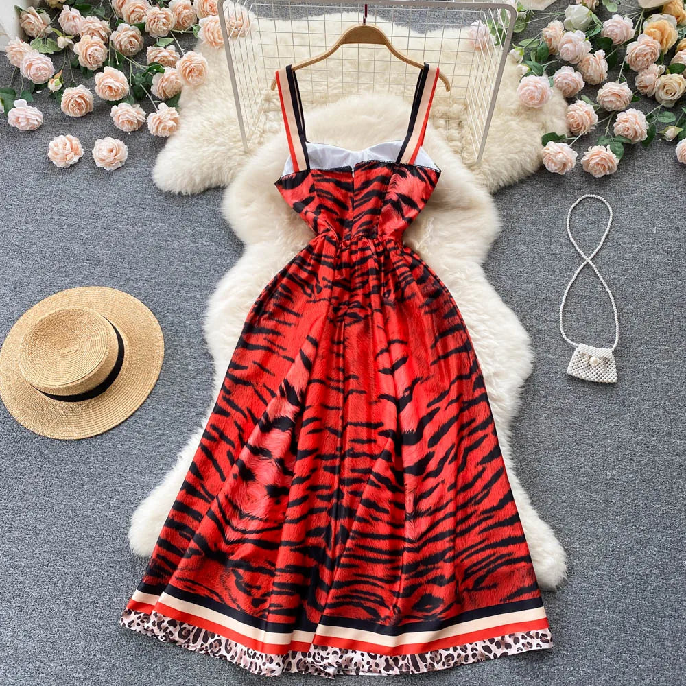 Women Vintage Party Dress Summer Leopard Print Three-dimensional Midi Dresses Ladies Elegant A Line High Waist Long Robe