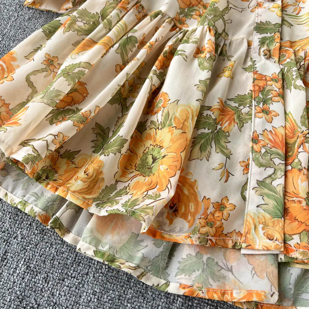 Elegant Party Dresses For Women Stand Collar Vintage Floral Print Dress Long Sleeve Holiday Beach Chiffon Mini Dress With Belt