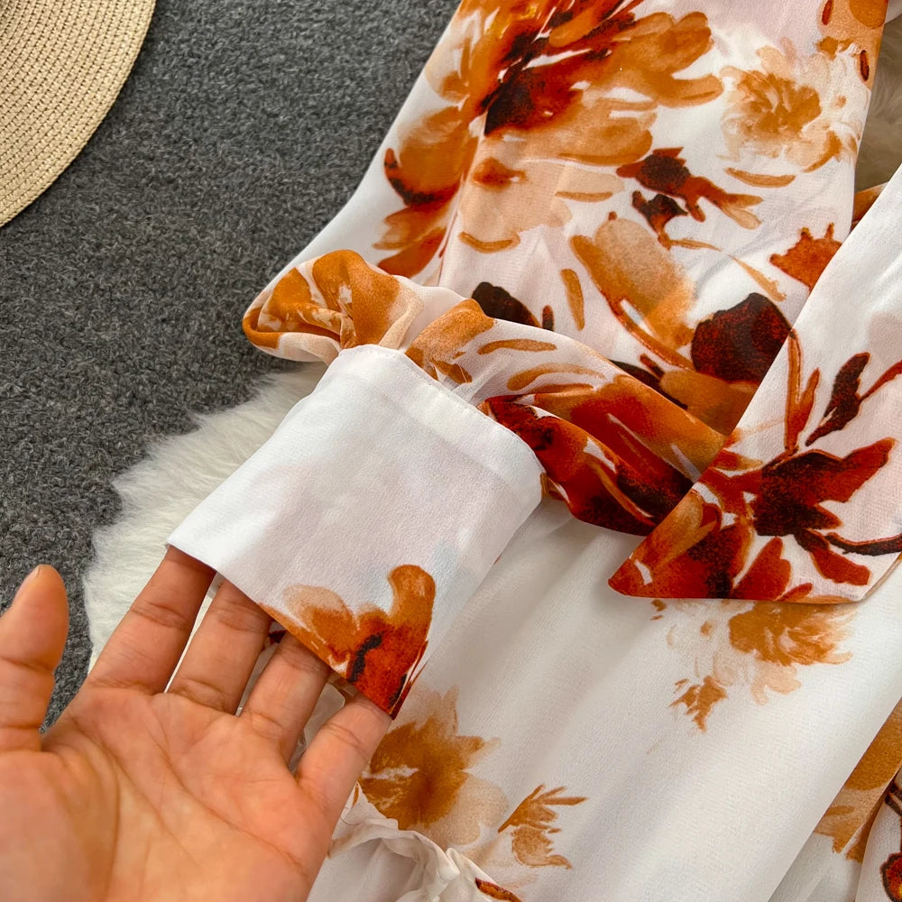 Elegant Casual Women Fashion Floral Print Long Dress Vintage Pleated A-Line Maxi Boho Beach Party Robe Female Clothes Mujers