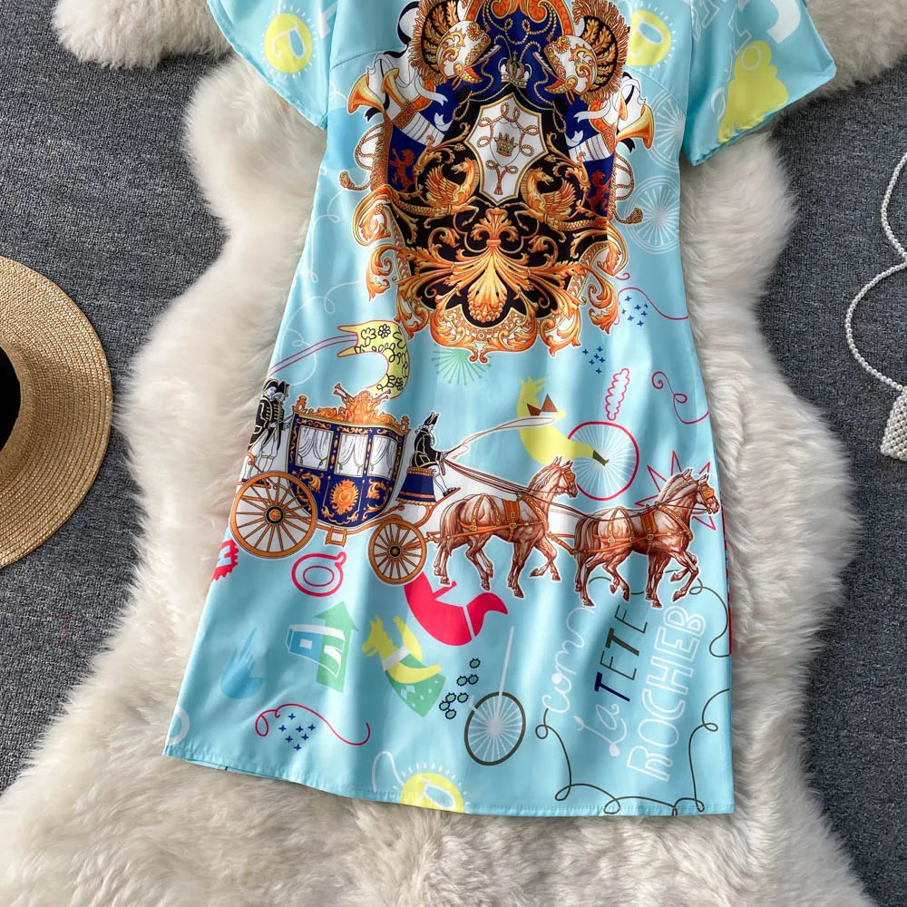 Summer Dresses Fashion Women Clothing 2023 Wedding Party Elegant Vintage Print Dress Round Neck Short Sleeve Straight Mini Dress
