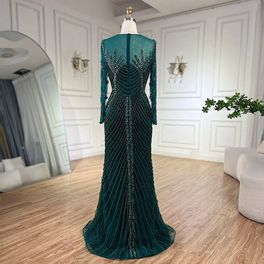 Serene Hill Luxury Crystal Pearls Dubai Sliver Nude Evening Dresses for Women Wedding Formal Prom Party Gown BLA72478