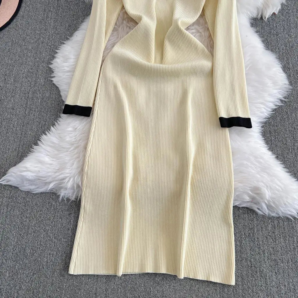 Elegant Women Fashion Casual Bodycon Knitted Dress Vintage Single Breasted Party Birthday Prom Vestidos Female Clothes Long Robe