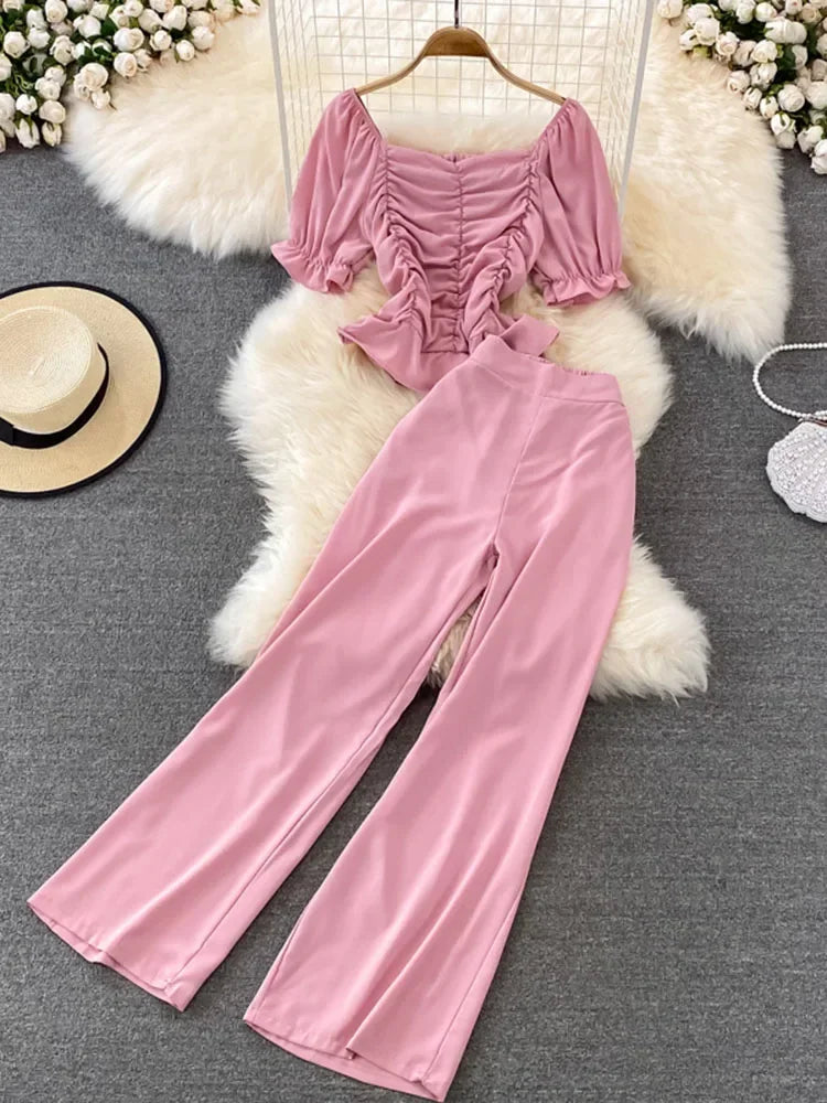 Women Summer Fashion Casual Pants, High Waist Drape Wide Leg Pants, Square Collar Short Slim Blouse Two-piece Suit Female D0544