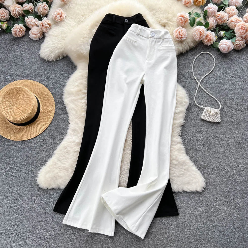 Spring Autumn Retro Flare Pants Women Casual High Waist Draping Slim Wide Leg Bottom Long Pants Korean White Black Trousers