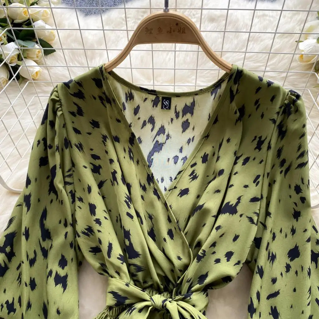 Women Casual Vintage Print Ruffle Long Dress Autumn Elegant V Neck Lantern Sleeve Party Mermaid Dresses Holiday Female Mujer New
